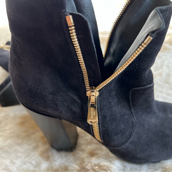 BALMAIN Paris Bootie 40 ROUSTEING black suede dual gold zip chunky heel Block 9 - Picture 3 of 13